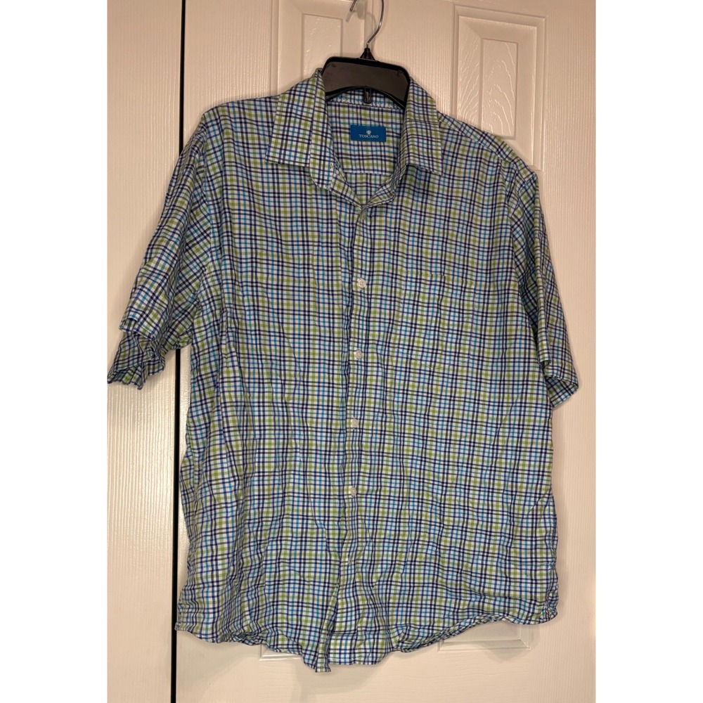 Toscano‎ Plaid Short Sleeve Button Up Shirt Mens XL Blue Green Casual